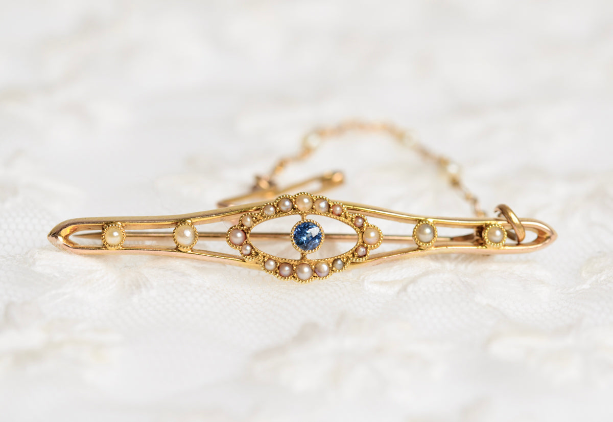 Antique Belle Epoque Ladies 15ct Gold Natural Sapphire & Pearl Brooch/Pin  (A1434)
