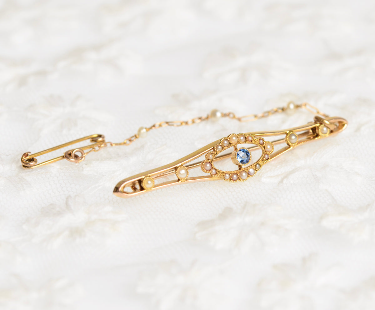 Antique Belle Epoque Ladies 15ct Gold Natural Sapphire & Pearl Brooch/Pin  (A1434)