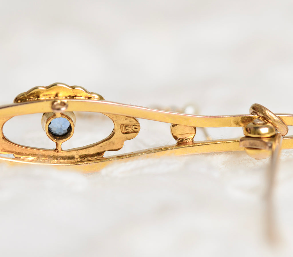 Antique Belle Epoque Ladies 15ct Gold Natural Sapphire & Pearl Brooch/Pin  (A1434)