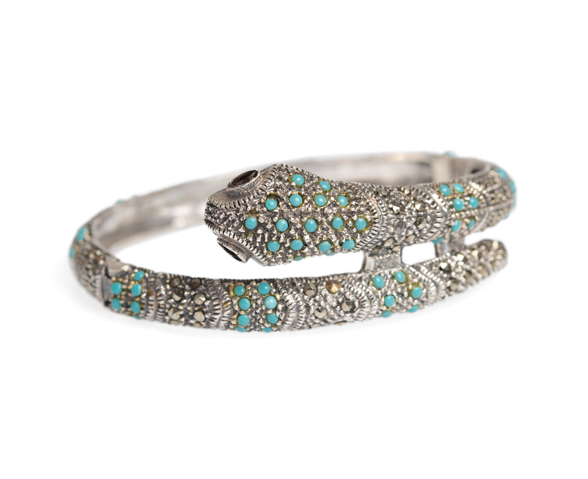 Vintage Sterling Silver Snake Bangle/Bracelet With Turquoise & Marcasites  (A1437)