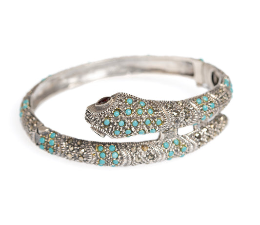 Vintage Sterling Silver Snake Bangle/Bracelet With Turquoise & Marcasites  (A1437)