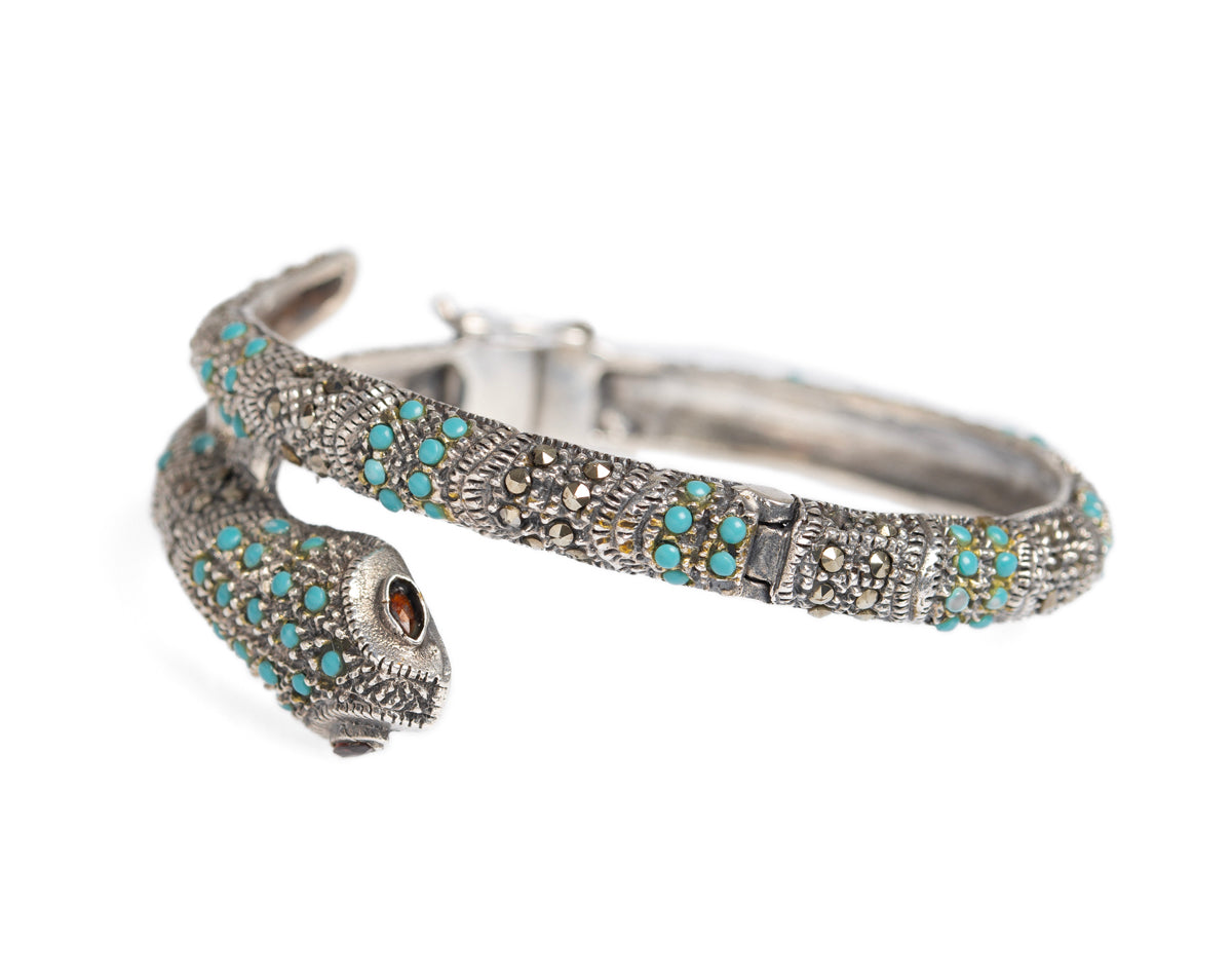 Vintage Sterling Silver Snake Bangle/Bracelet With Turquoise & Marcasites  (A1437)