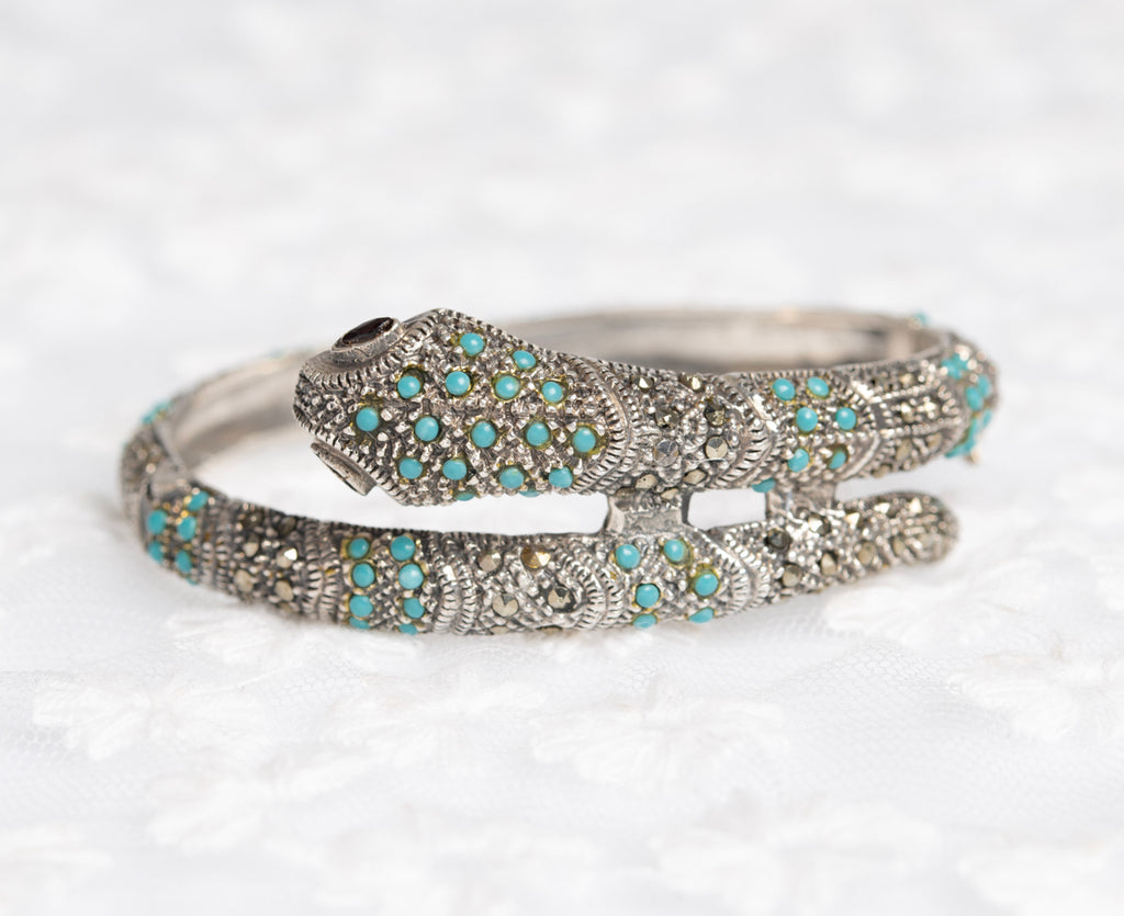 Vintage Sterling Silver Snake Bangle/Bracelet With Turquoise & Marcasites  (A1437)