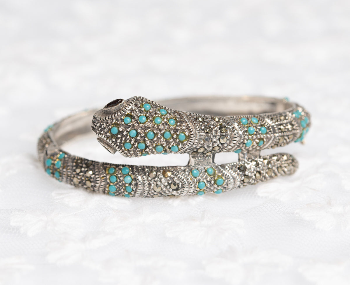 Vintage Sterling Silver Snake Bangle/Bracelet With Turquoise & Marcasites  (A1437)