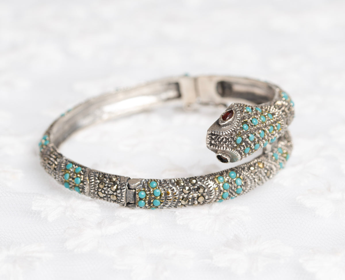 Vintage Sterling Silver Snake Bangle/Bracelet With Turquoise & Marcasites  (A1437)
