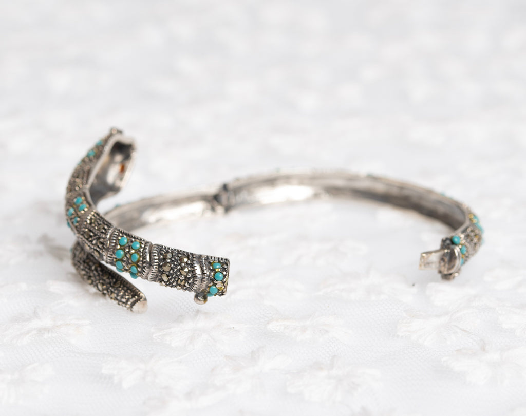 Vintage Sterling Silver Snake Bangle/Bracelet With Turquoise & Marcasites  (A1437)