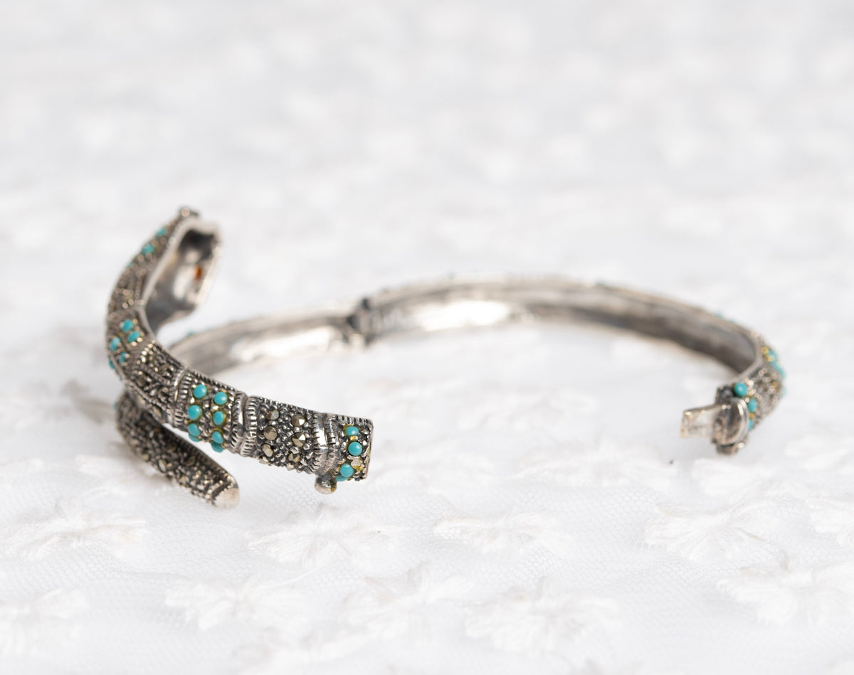 Vintage Sterling Silver Snake Bangle/Bracelet With Turquoise & Marcasites  (A1437)