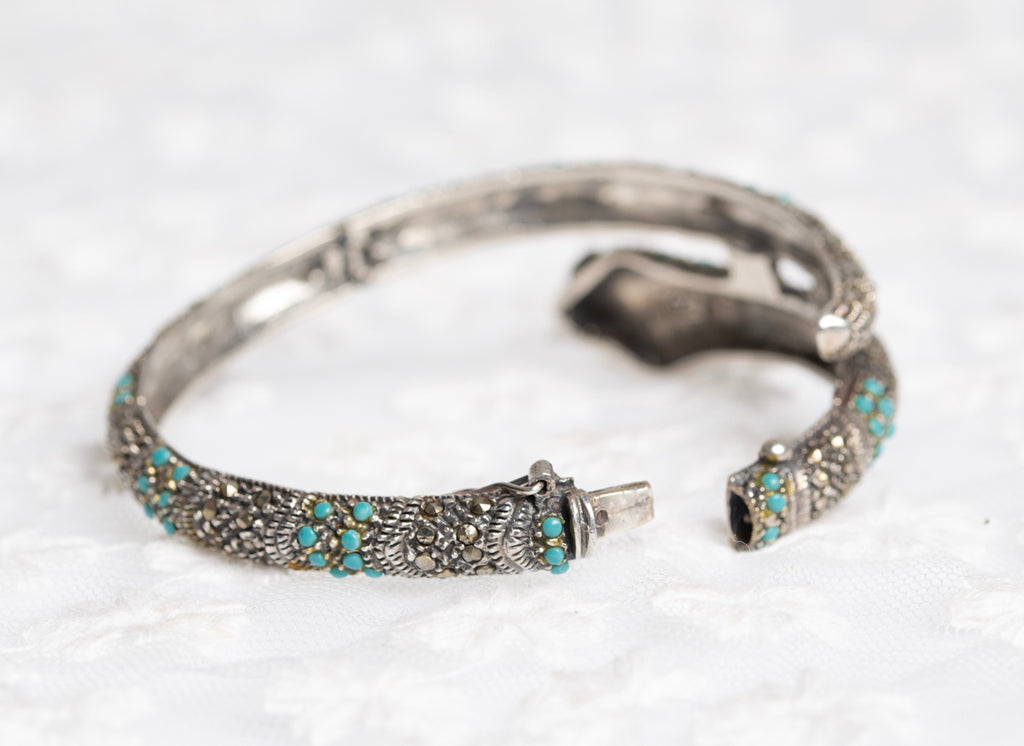 Vintage Sterling Silver Snake Bangle/Bracelet With Turquoise & Marcasites  (A1437)
