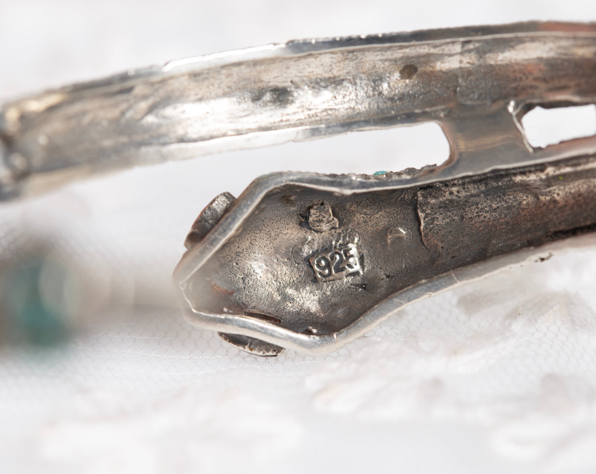 Vintage Sterling Silver Snake Bangle/Bracelet With Turquoise & Marcasites  (A1437)