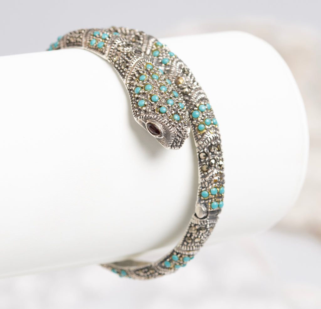 Vintage Sterling Silver Snake Bangle/Bracelet With Turquoise & Marcasites  (A1437)
