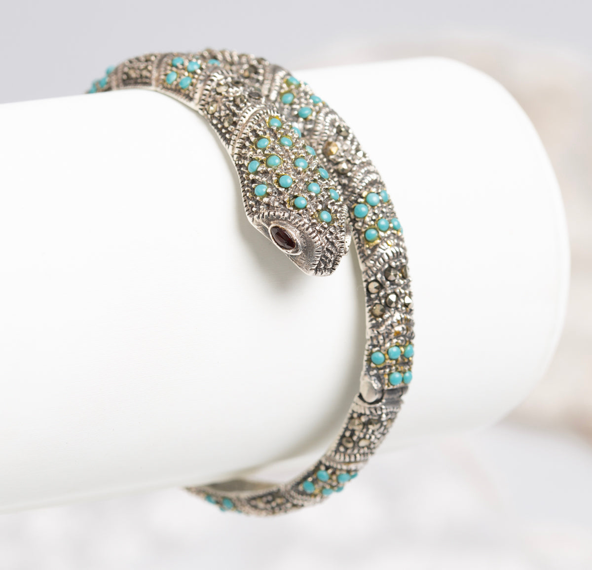Vintage Sterling Silver Snake Bangle/Bracelet With Turquoise & Marcasites  (A1437)