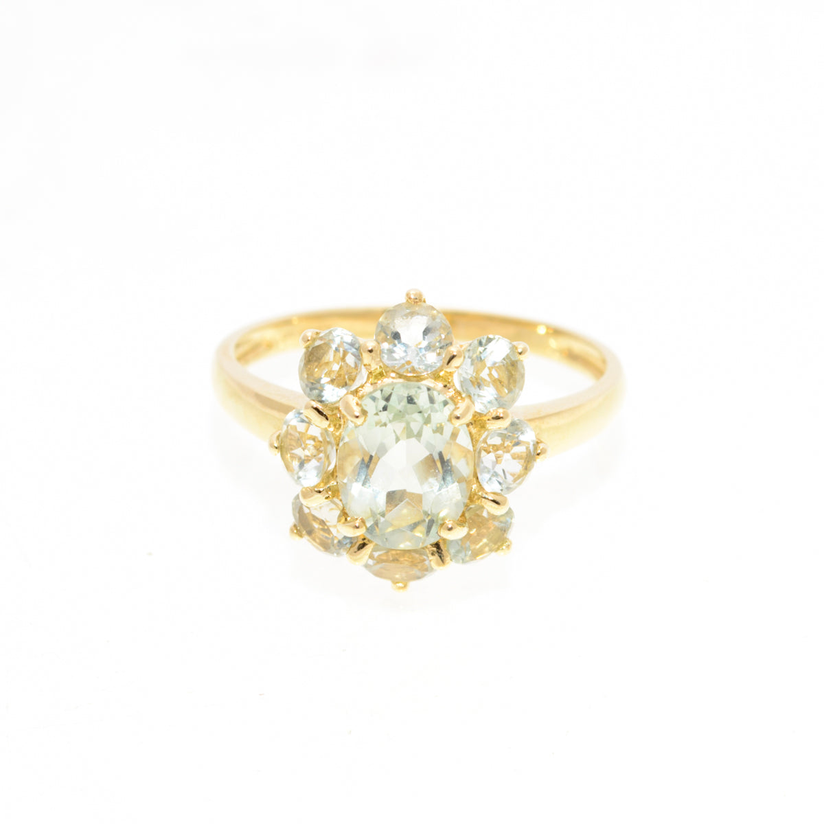 9ct Gold & Green Prasiolite Cluster Ring 1.3 Carat Gemstone UK Size T  (A1438)