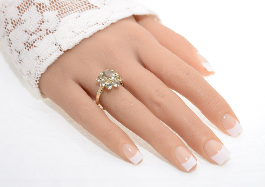 9ct Gold & Green Prasiolite Cluster Ring 1.3 Carat Gemstone UK Size T  (A1438)