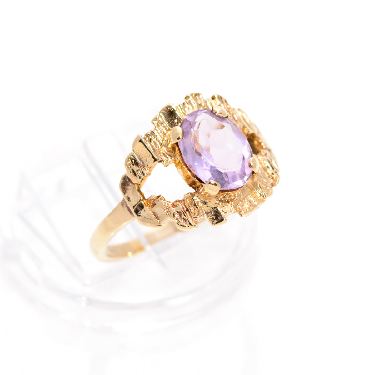 Vintage Brutalist Design 9ct Gold 'Eye' Ring Rose de France Amethyst Gemstone (A1441)