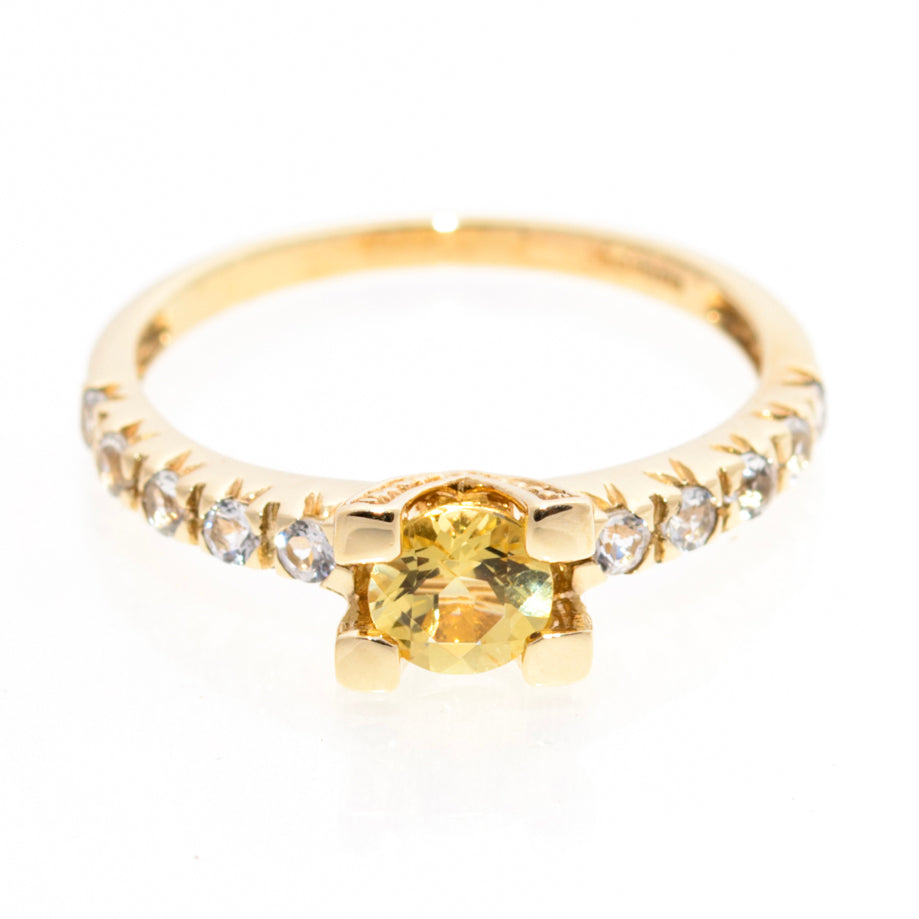 Golden Heliodor Gemstone Ring In 9ct Gold With White Topaz Shoulder Decoration (A1445)