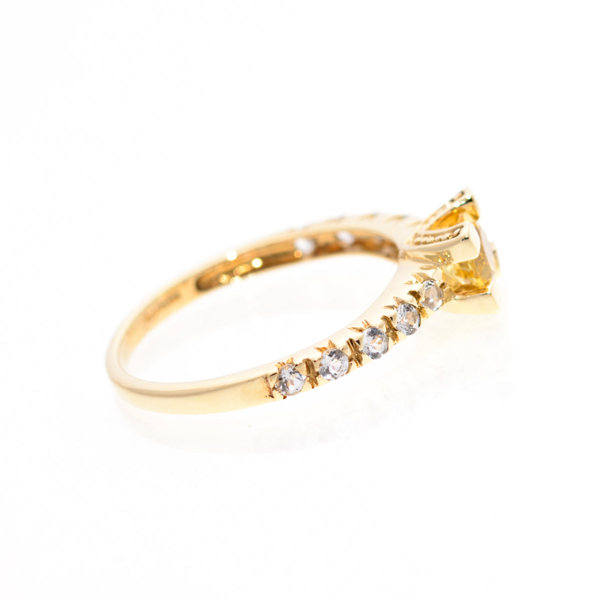 Golden Heliodor Gemstone Ring In 9ct Gold With White Topaz Shoulder Decoration (A1445)