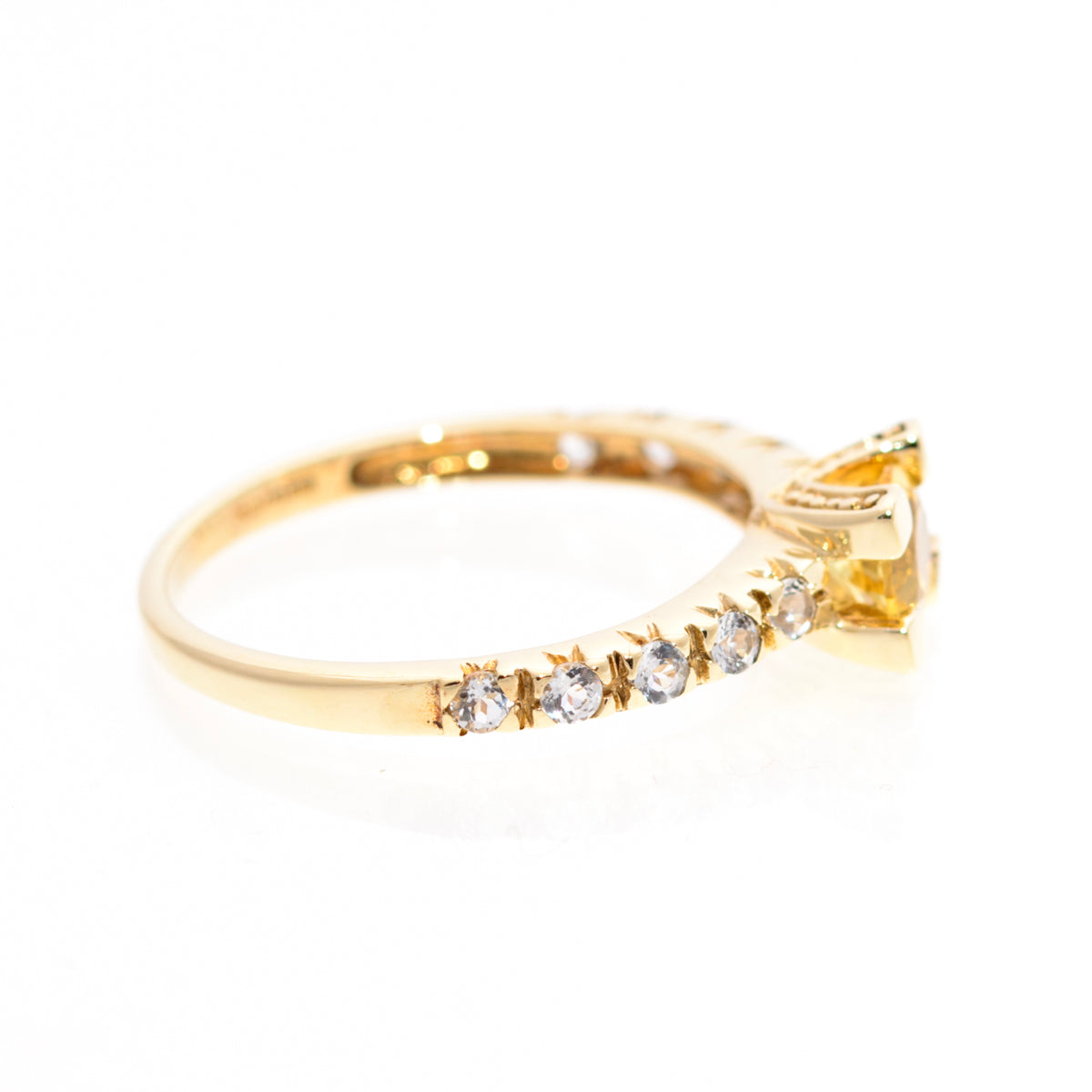 Golden Heliodor Gemstone Ring In 9ct Gold With White Topaz Shoulder Decoration (A1445)