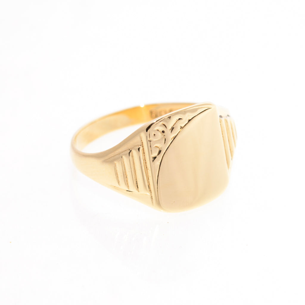 Vintage 9ct Solid Gold Classic Decorative Signet Ring - Unisex UK Size S (A1446)