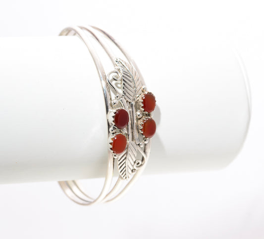 Vintage Sterling Silver Bangle/Bracelet Hand Made Leaves & Carnelian Gemstones (A1449)