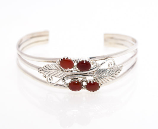 Vintage Sterling Silver Bangle/Bracelet Hand Made Leaves & Carnelian Gemstones (A1449)