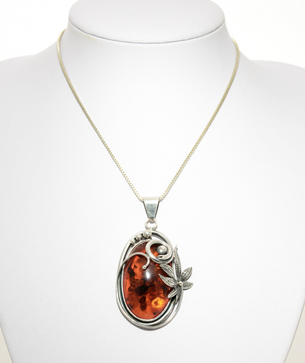 Vintage Large Statement Amber Pendant Necklace Sterling Silver & Box Chain (A1451)