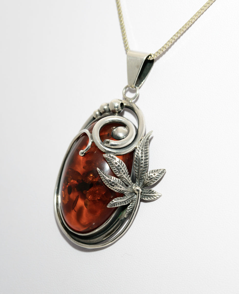 Vintage Large Statement Amber Pendant Necklace Sterling Silver & Box Chain (A1451)