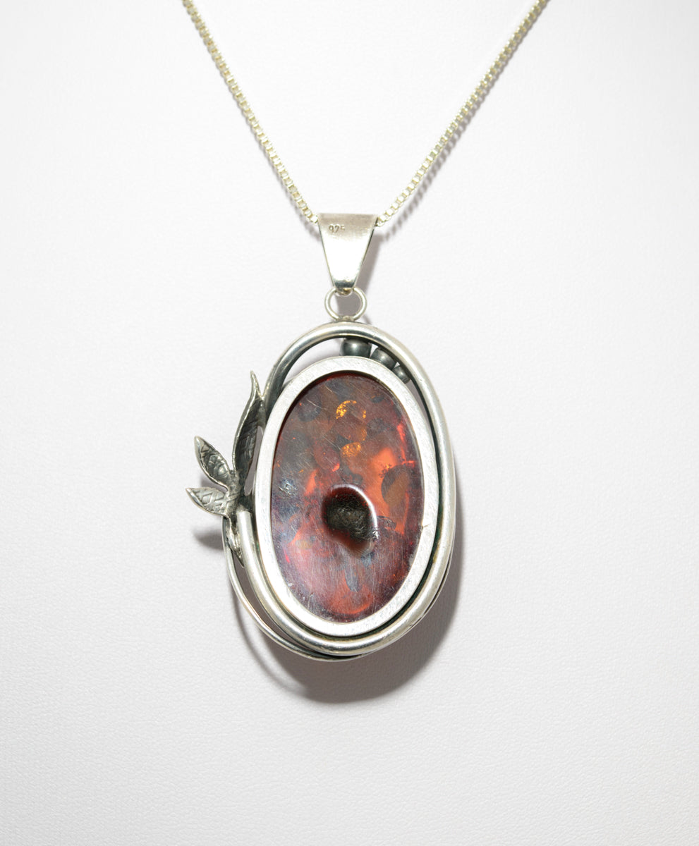 Vintage Large Statement Amber Pendant Necklace Sterling Silver & Box Chain (A1451)
