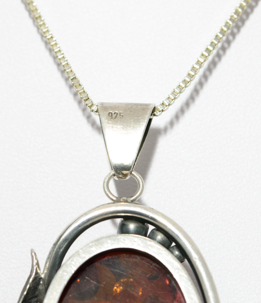 Vintage Large Statement Amber Pendant Necklace Sterling Silver & Box Chain (A1451)