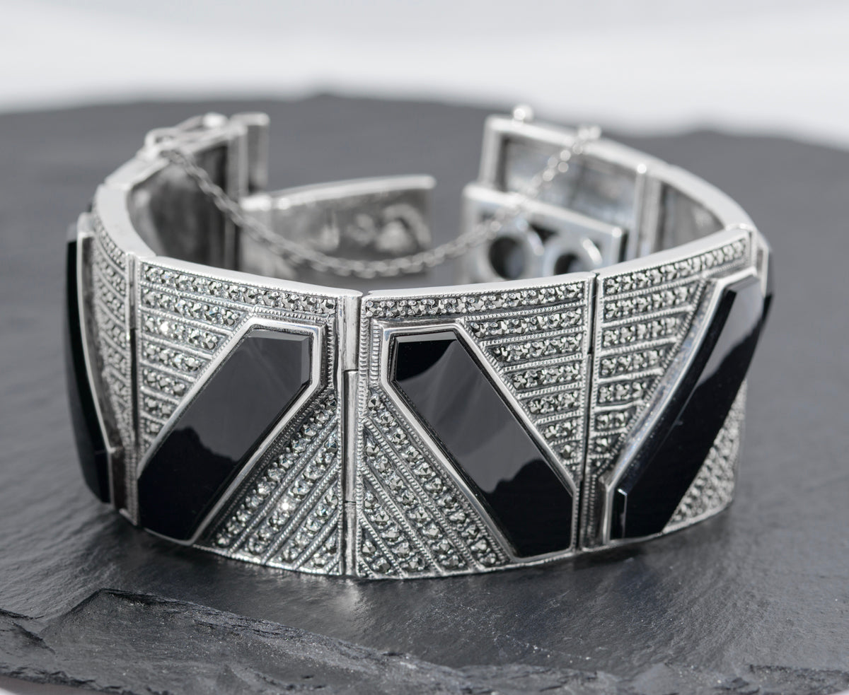 Vintage Outstanding Sterling Silver Bracelet Marcasites & Black Onyx Jewellery (A1456)