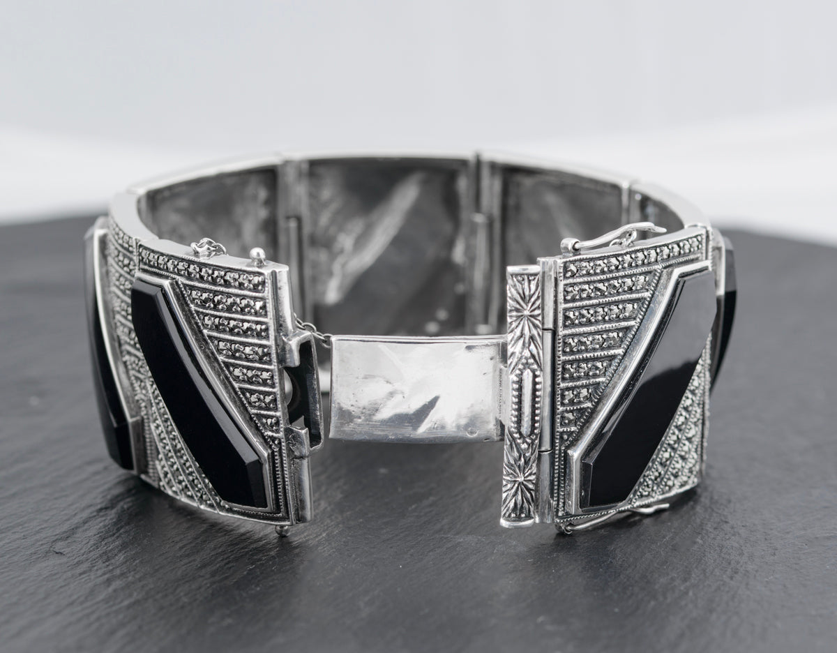 Vintage Outstanding Sterling Silver Bracelet Marcasites & Black Onyx Jewellery (A1456)