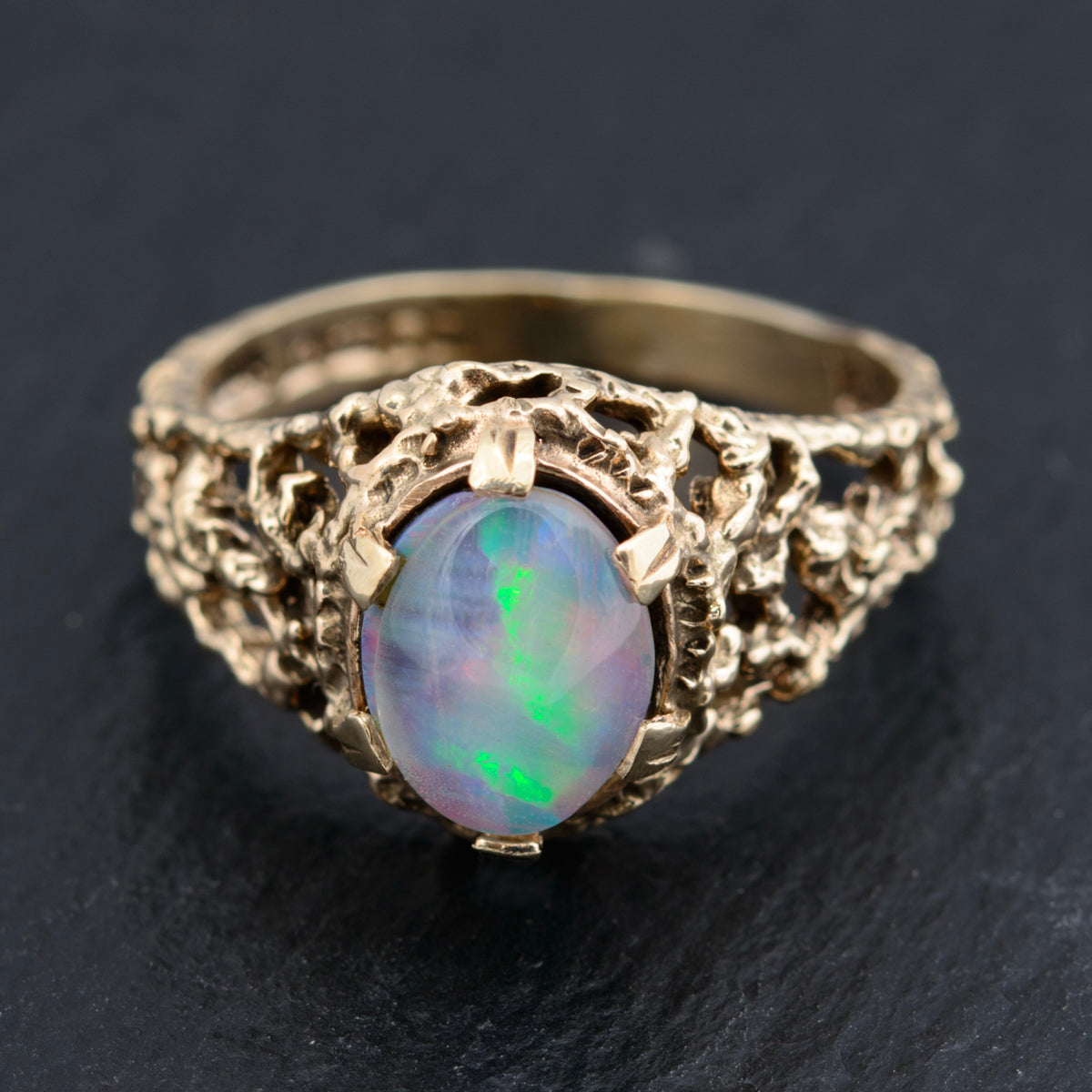 Vintage 9ct Gold & Black Opal Triplet Modernist Open Work Ring UK Size N1/2  (A1461)