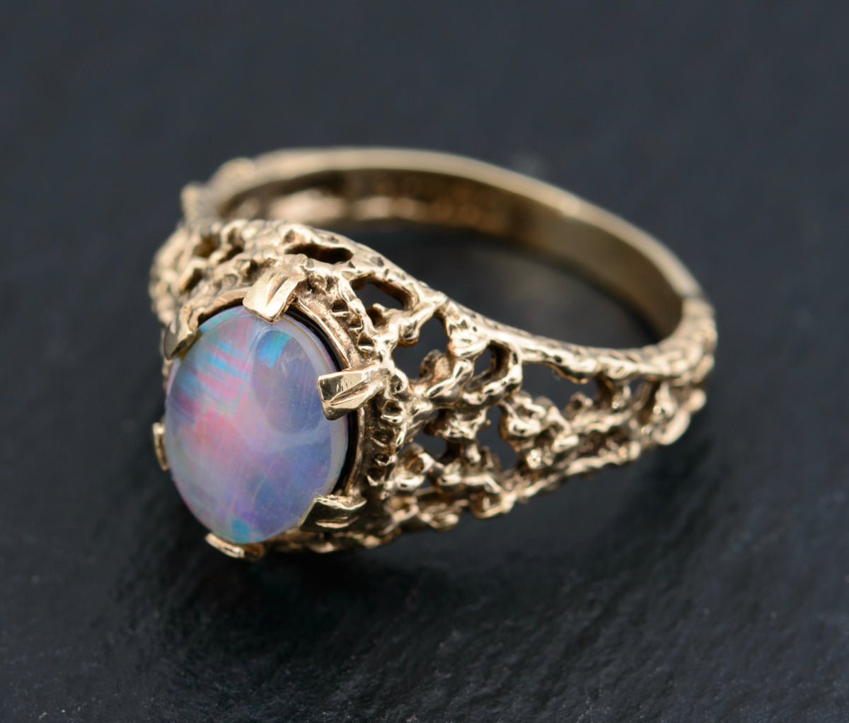 Vintage 9ct Gold & Black Opal Triplet Modernist Open Work Ring UK Size N1/2  (A1461)