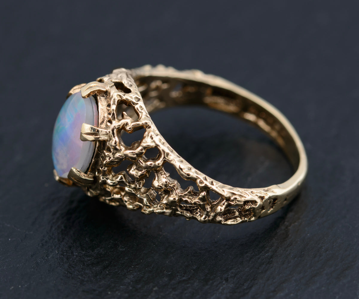 Vintage 9ct Gold & Black Opal Triplet Modernist Open Work Ring UK Size N1/2  (A1461)