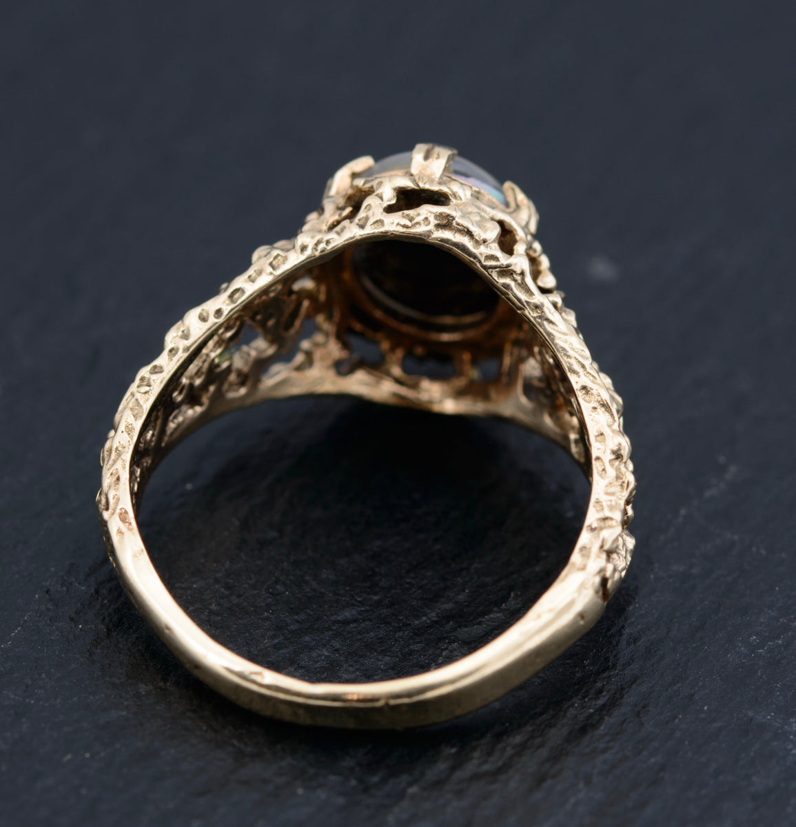Vintage 9ct Gold & Black Opal Triplet Modernist Open Work Ring UK Size N1/2  (A1461)