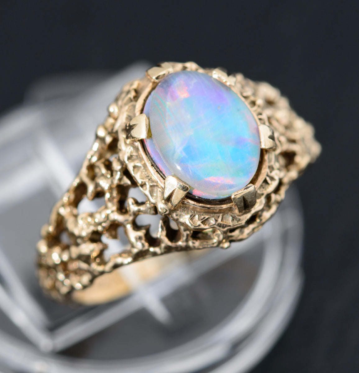 Vintage 9ct Gold & Black Opal Triplet Modernist Open Work Ring UK Size N1/2  (A1461)
