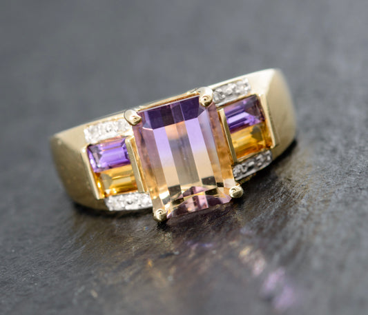 9ct Gold Dress Ring With Natural Ametrine, Citrine & Amethyst Gemstones Size L (A1462)