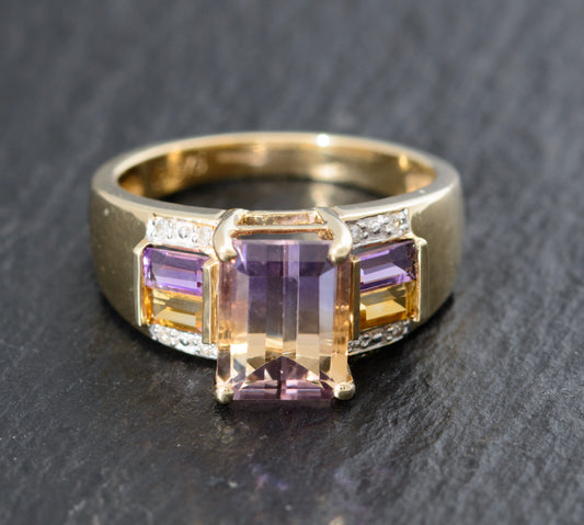 9ct Gold Dress Ring With Natural Ametrine, Citrine & Amethyst Gemstones Size L (A1462)