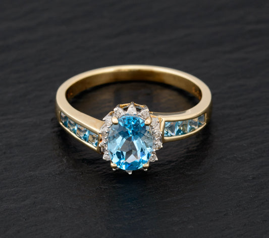 Natural Blue Topaz Gemstone & Diamond Halo Ring In 9ct Gold UK Size R  (A1468)