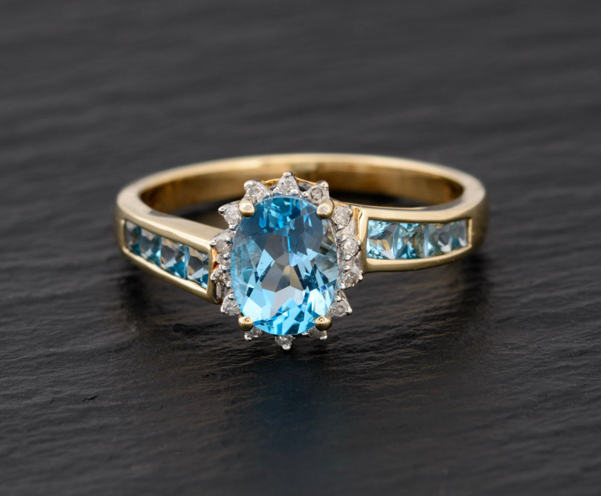 Natural Blue Topaz Gemstone & Diamond Halo Ring In 9ct Gold UK Size R  (A1468)