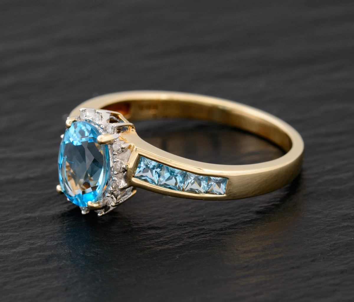 Natural Blue Topaz Gemstone & Diamond Halo Ring In 9ct Gold UK Size R  (A1468)