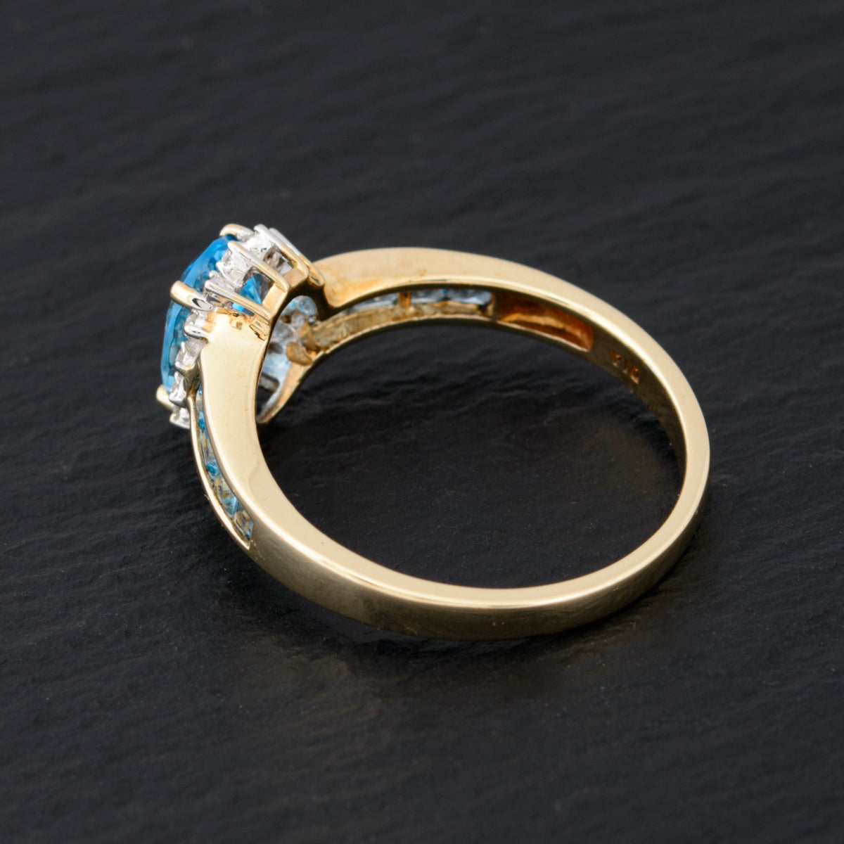 Natural Blue Topaz Gemstone & Diamond Halo Ring In 9ct Gold UK Size R  (A1468)