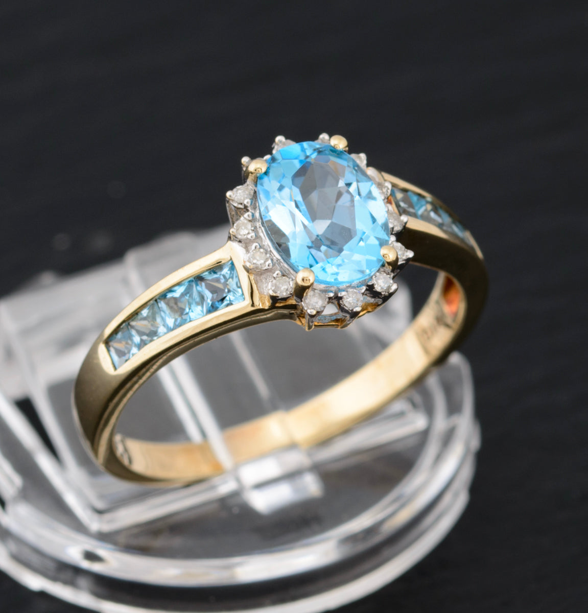 Natural Blue Topaz Gemstone & Diamond Halo Ring In 9ct Gold UK Size R  (A1468)
