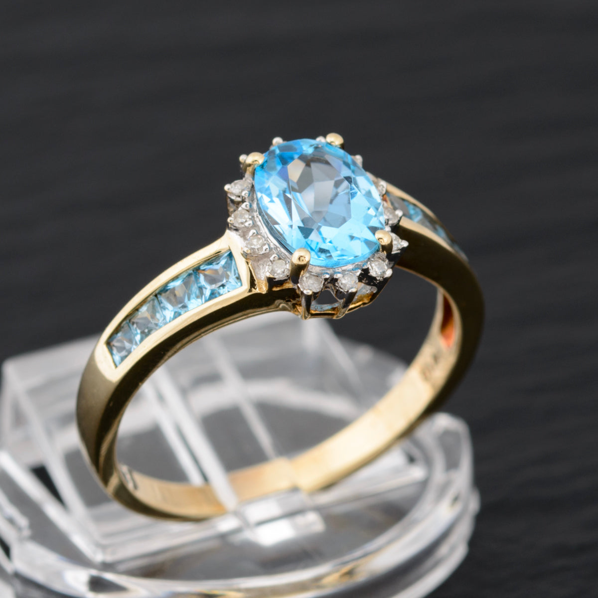 Natural Blue Topaz Gemstone & Diamond Halo Ring In 9ct Gold UK Size R  (A1468)