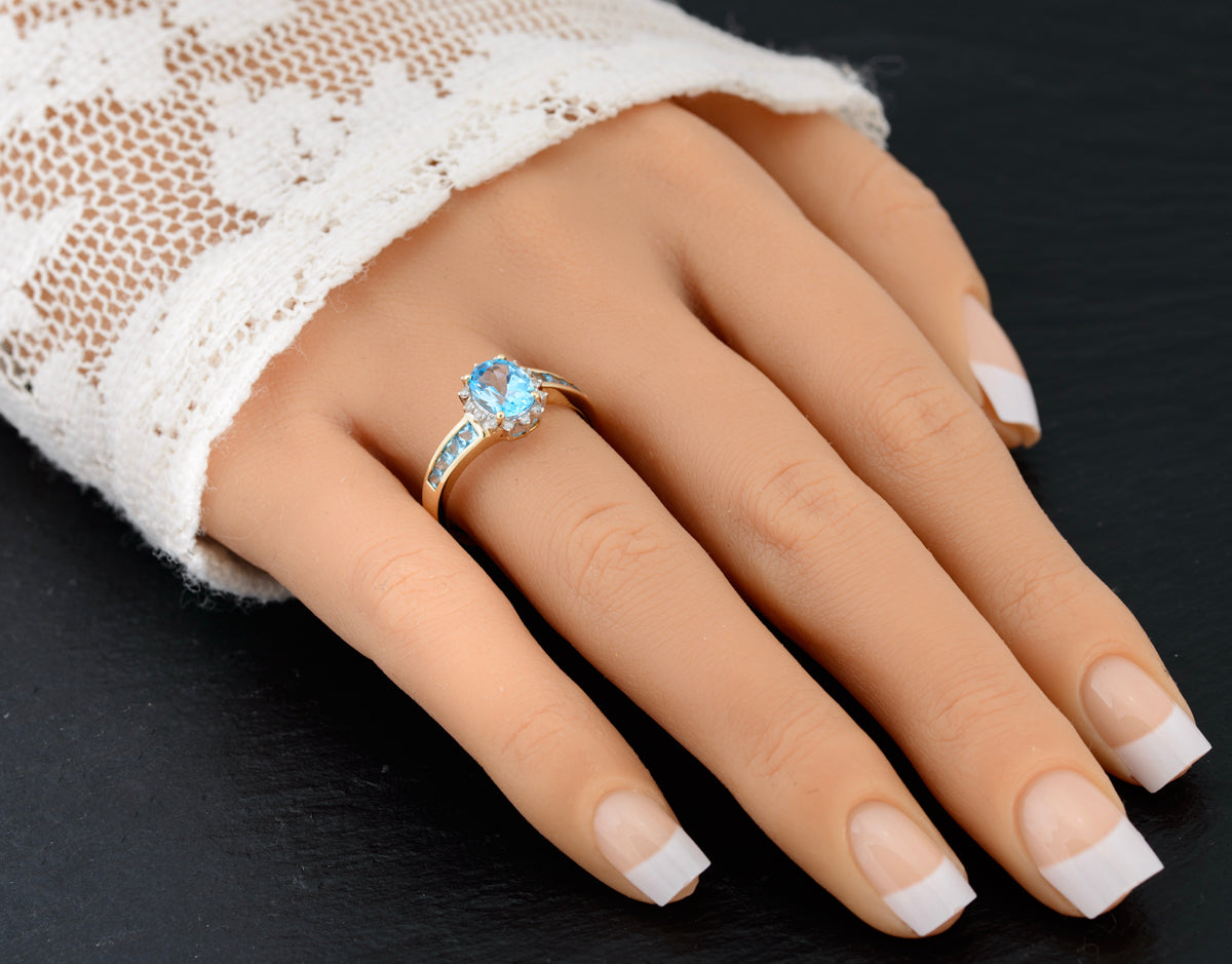 Natural Blue Topaz Gemstone & Diamond Halo Ring In 9ct Gold UK Size R  (A1468)