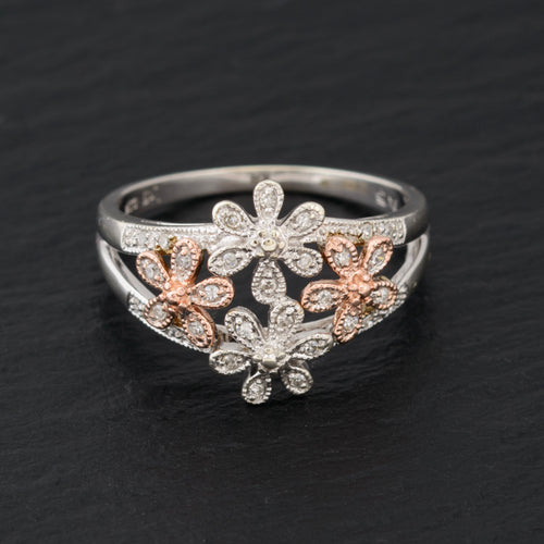 9ct White and Rose Gold & Natural Diamond Flower Ring, 0.15ct, UK Size S (A1469)