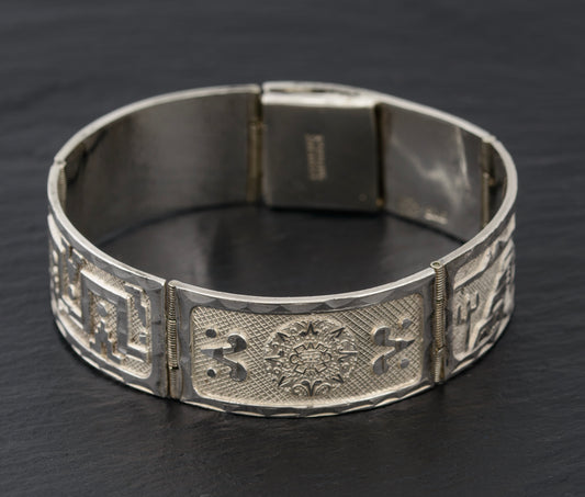 Vintage Mexican Sterling Silver Bracelet Aztec Panels Eagle 55 Mark c.1970 (A1474)