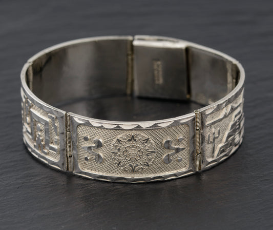 Vintage Mexican Sterling Silver Bracelet Aztec Panels Eagle 55 Mark c.1970 (A1474)