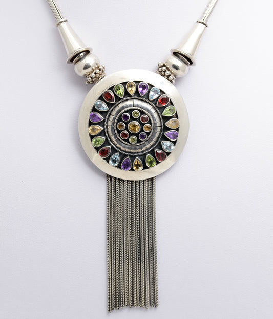 Vintage Sterling Silver Statement Necklace With Multi Natural Gemstones Inc. Citrine, Amethyst, Garnet, Topaz, Peridot c.1970's  (A1476)