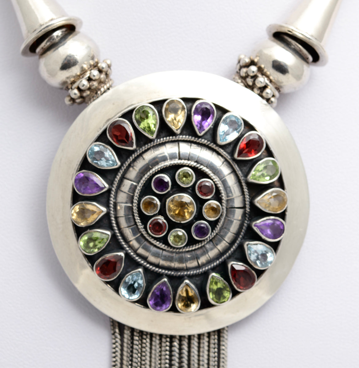Vintage Sterling Silver Statement Necklace With Multi Natural Gemstones Inc. Citrine, Amethyst, Garnet, Topaz, Peridot c.1970's  (A1476)