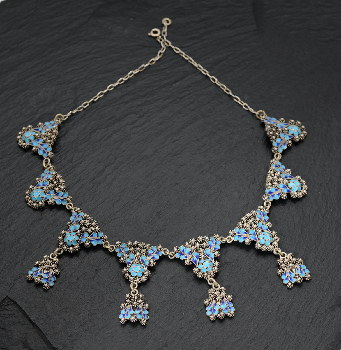 Vintage Indian Pure Silver & Blue Enamel Cannetille Bib Necklace (A1490)